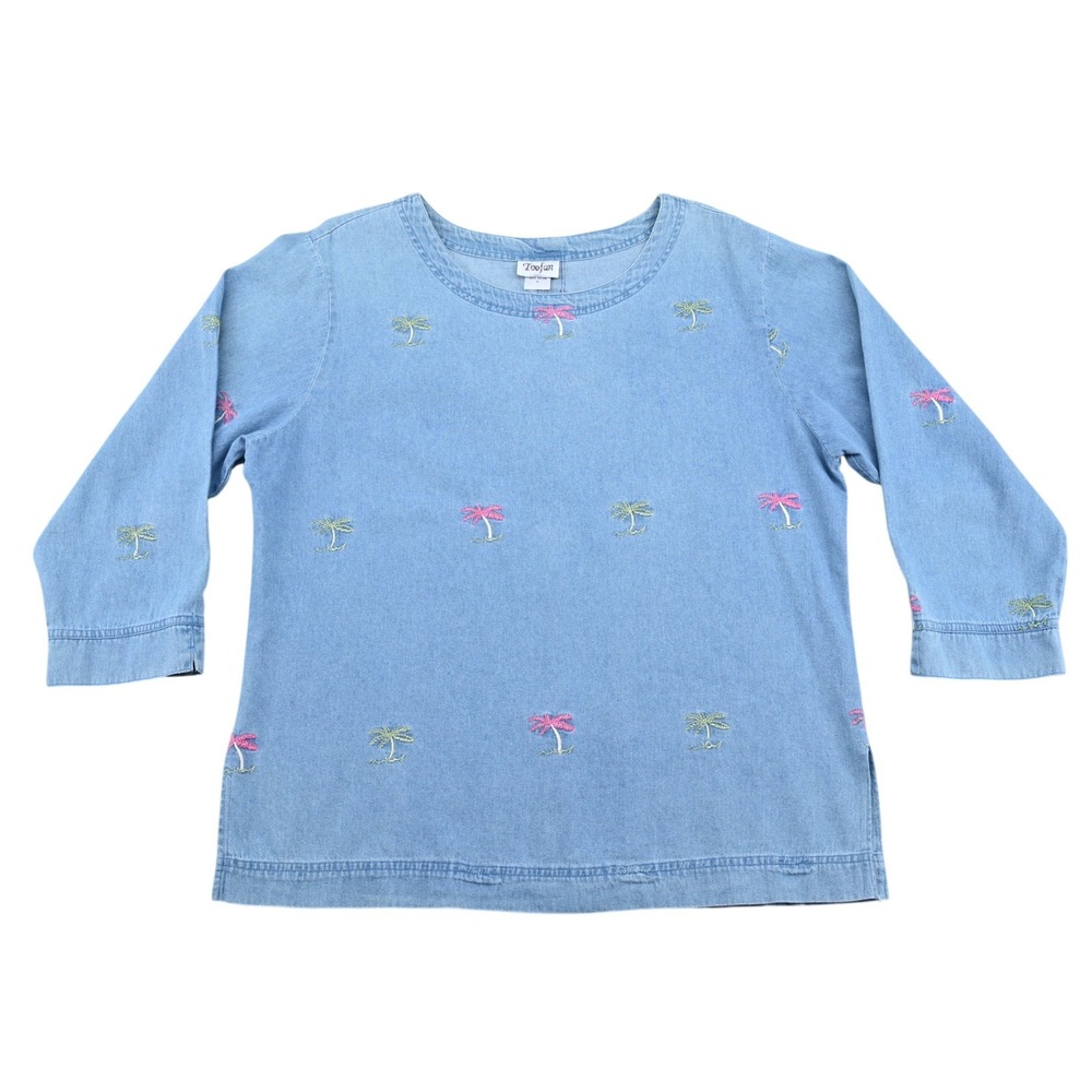 100% Cotton Toofan Women Blue Denim Palm Tree Embroidered 3/4 Sleeve Button Back